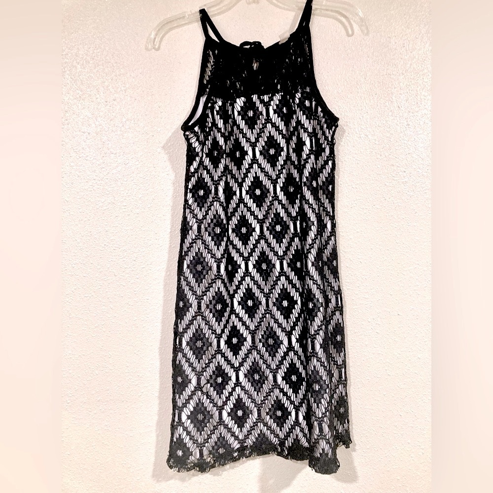Emma & Michele Black and white Spaghetti strap dress | Crochet lace overlap